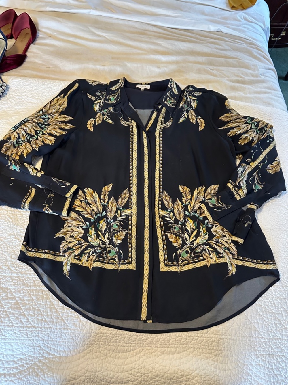 Reiss Black Botanical-Trim Button Front Blouse